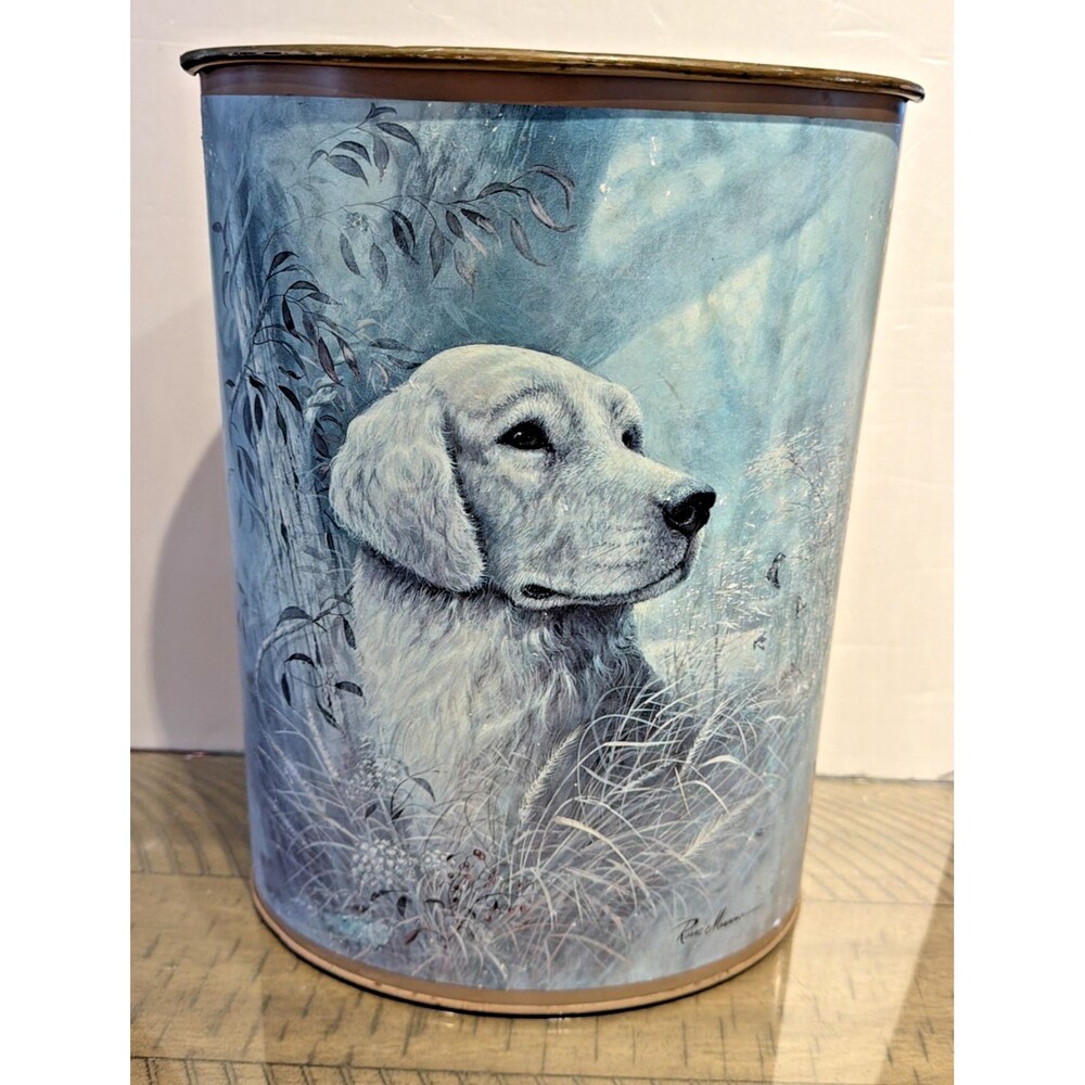 Vtg LAB golden RETRIEVER DOG PET WASTEBASKET TRASH CAN metal MCM retro
